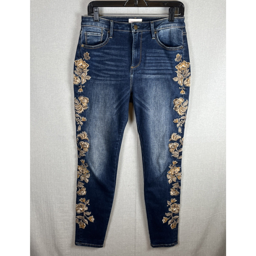 Driftwood Jackie Jeans Size 28 Blue Denim Embroidered Gold Flowers Floral Ankle